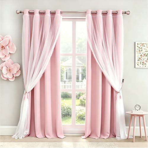 SOFJAGETQ Tende scure corte rosa con rivestimento trasparente, 132 x 137 cm, tende rosa con occhielli per la privacy, graziose tende per finestre per cameretta, cameretta dei bambini, soggiorno, 132 x