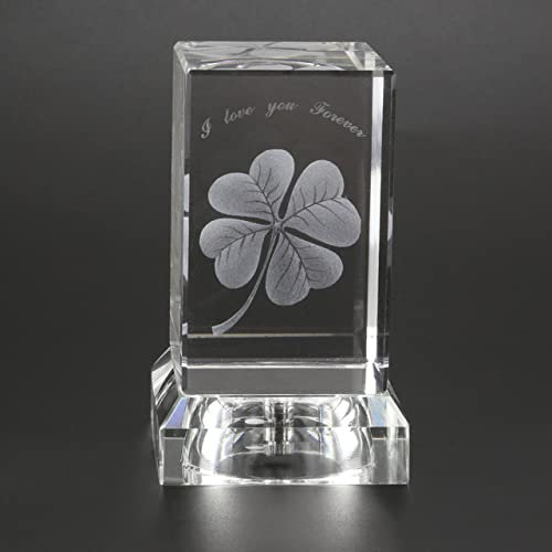 Klarer 3D-gravierter K9-Kristallglasw¨¹rfel Liebespfeil Rose Vierbl?ttriges Kleeblatt Modell Briefbeschwerer Geschenk mit leuchtender Standbasis, Vier Kleebl?ttern