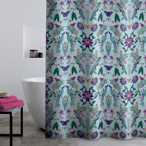 Catherine Lansfield Mya Rideau de Douche Motif Oiseau Tropical Bleu Canard 180 x 180 cm