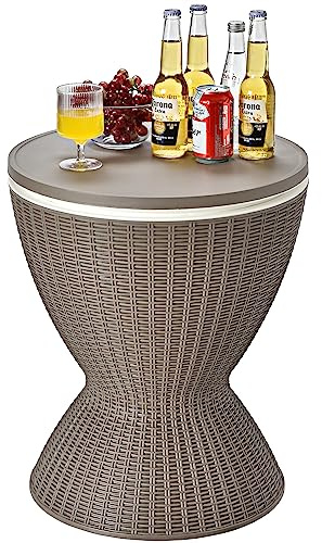 S AFSTAR Cool Bar Table, 8 Gallon Rattan Patio Bar Cooler with Ice Bucket & Height Adjustable Tabletop, Beer & Wine Cooler, Outdoor Indoor Cocktail Coffee Table for Patio Party Pool Deck (Brown)
