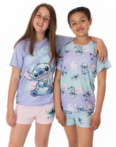 Disney Lilo and Stitch Girls 2 Pack Pyjamas | Kids Pink Purple Just Chill Animated Alien T-Shirts Shorts Set | Produits dérivés Movie Sleepwear