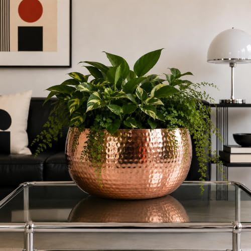 Leaf Großer Übertopf aus Metall, gerader Rand, gehämmert, reflektierend, Kupfer, 32 cm, rund