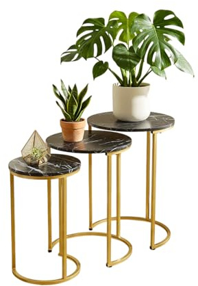 FEFE Set of 3 Round Vintage Wooden/Steel Nesting Side Coffee Tables Stacking Sofa Side, Space Saving Tea Table for Hallway Living Room Bedroom Office Black Marble Look (Black)