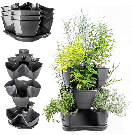 KADAX Pflanzturm, Vertikaler Kräutergarten aus robustem Kunststoff, 3L/9L Säulentopf, Vertikaler Garten für Balkon, Terrasse, Stapelbare Pflanztöpfe (Stehend 3, Graphit)