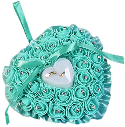 Wambere Hochzeit Ringkissen,Ringkissen Gastgeschenk Ringkasten Hochzeit Ringbox Hochzeitsringkissen,romantische Rosen-Herzform, Hochzeits-Ringkissen, Geschenk-Halter, Deko,18x19cm,Blau
