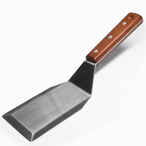 Profi-Pfannenwender Metall für bratpfanne gusseisen und plancha gasgrill, Full Tang Holzgriff, Edelstahlklinge, Grillwender für Smash Burger, Kochen, Grillen,BBQ 12 x 7.5 CM