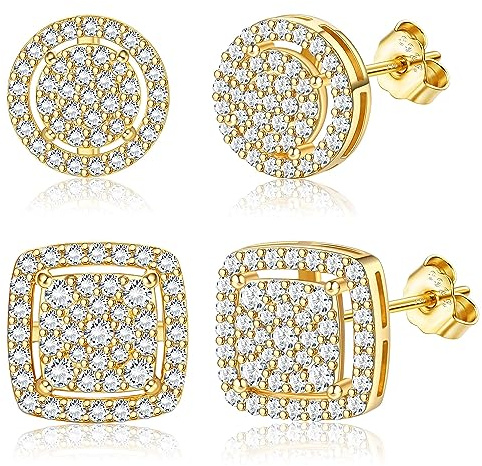 Morfetto Sterling Silber Herrenohrringe - Schwarz/Silber/Gold Iced Out Halo Quadratische Ohrstecker Set für Männer