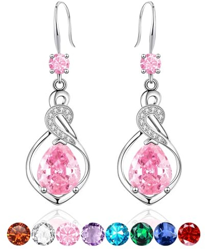 Silver Drop Earrings for Women, Hypoallergenic Sterling Silver Post Cubic Zirconia Dangly Earrings Twisted Linear Pink Earring Birthstone Jewellery Gifts for Birthday Anniversary Christmas