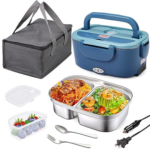 Kabbas Electric Lunch Box Food Heater with 2 Compartments, 80W Portable Heated Lunch Box for Adults, 12V 24V 110V Self Heating Lunch Box for Work Car Truck with 1.5L Removable 304 SS Container