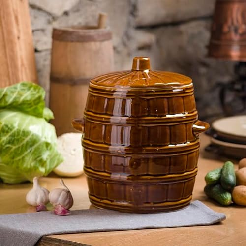 BirnePower Keramikfass Sauerkrauttopf Rumtopf Gurkentopf Gärtopf Tontopf mit Deckel Einlegetopf aus Keramik Steingut Gurkentopf (8L)