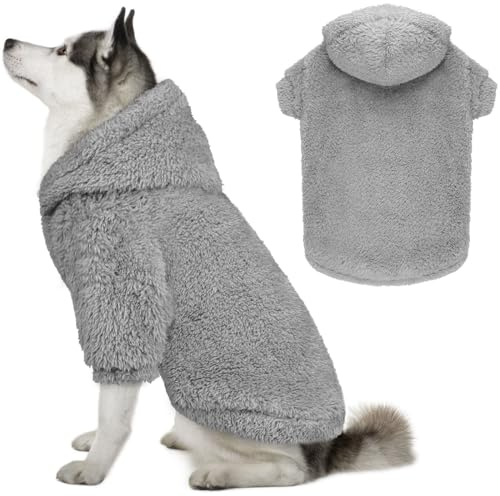 Fuzzy hundtröjor för stora hundar hundhuvtröja mjuk dubbelsidig plysch husdjurströja fleece kläder rockar husdjur huvtröja sherpa huva tröja (grå-XL)