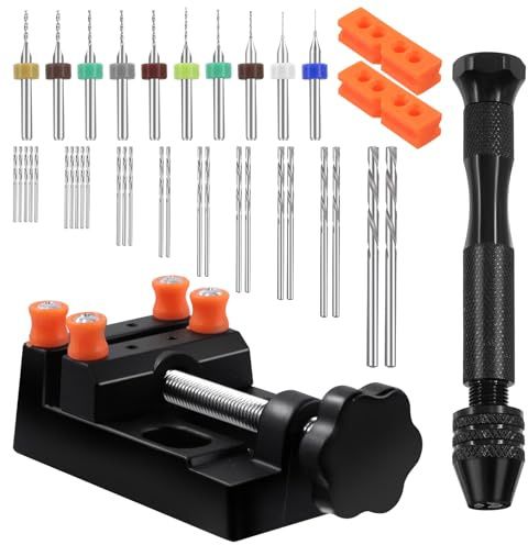 Swpeet 47 piezas de perforación manual conjunto incluye mini banco vicio con abrazaderas, taladro de mano de pescado, taladros giratorios y mini taladros kit surtido, carpintería conjunto de brocas de
