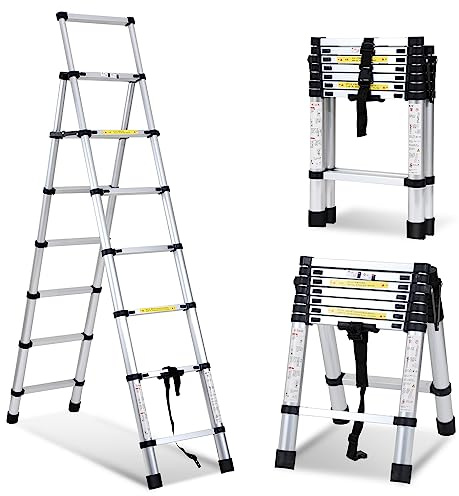 Herrselsam teleskopstege fällbar stege A-ram, 2 m + 2,3 m aluminiumstege 6 + 7 stegpinnar, multifunktionsstege, bärbar halkfri utdragbar ståstege, maximal belastning 150 kg