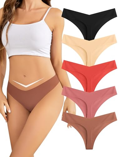 VOENXE Slip Perizoma Donna Senza Cuciture, Tanga A Vita Bassa Mutande Brasiliana,Invisibili Mutandine,Microfibra String Mutanda Biancheria Intimo,Seamless Women Thong Underwear Multipack,Pacco da 5