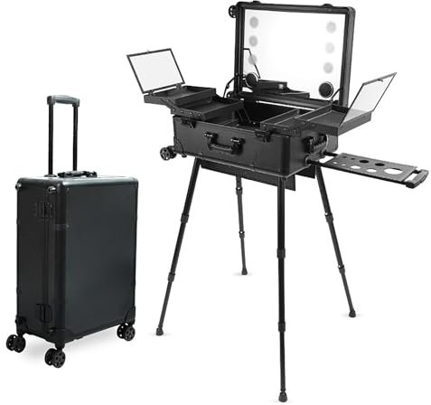 COYEUX Professioneller Make-up-Koffer auf Rollen, professioneller 3-in-1-Make-up-Koffer aus abschließbarem Aluminium, mit LED-Licht und Stützbein, für Schönheitssalon und Reisen