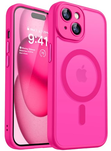 CANSHN Magnetic Compatible with iPhone 15 Case, Upgraded [Full Camera Protection] [Compatible with Magsafe] [Translucent Matte] Shockproof Protective Phone Case 6.1 - Hot Pink