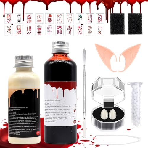 Halloween Kunstblut, 120ml Fake Blood Künstliches, 60ml Flüssiges Latex, Halloween Schminke Set mit Halloween Vampirzähne,Ohren und Make-up Schwamm für Make up Zombies,Vampire,Kostüme,Monster,Cosplay