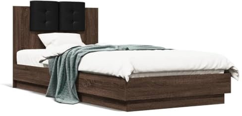 Bulliing Bettgestell mit Kopfteil und LED-Leuchten Bettrahmen Bettgestell Bed Frame Kopfteil Bett Betten Braun Eiche 100x200cm