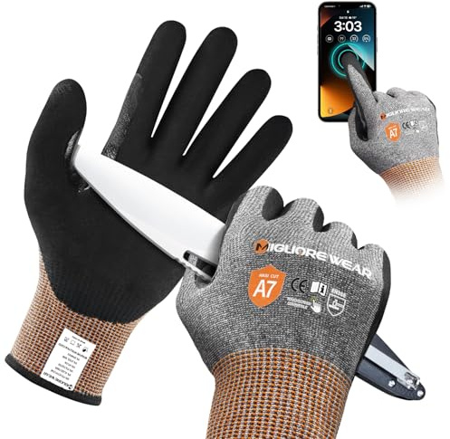 Migliore Wear Level A7 Schnittfeste Handschuhe, TOUCHSCREEN Schnitzhandschuh mit Nitrilhandfläche, Fester Griff, Leicht Ölfeste Schnittschutz Handschuhe Herren & Damen