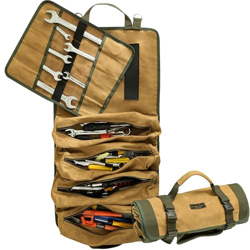 Canvas Tool Roll Bag, Multi-Purpose Tool Bag with 4 Pockets & 1 Detachable Tool Roll & 2 Adjustable Buckles | Khaki | 16OZ Waxed Canvas Roll Up Tool Bag - for Carpenter Mechanic Electrician