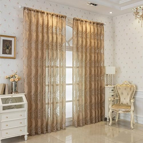 Vorhänge Wohnzimmer Stangendurchzug 2er Set 86x214CM, Gardinen Polyester Lichtdurchlässig Nordisch Jacquard Blumen Motiv Gardinenschals Halbtransparent Braun Vorhänge Schlafzimmer Kinderzimmer