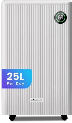 PureMate 25L/Day Portable & Compact Dehumidifier with 5.5 Litre Tank Capacity, Digital Display, Continuous Drainage, Laundry Drying and 24Hr Timer Function