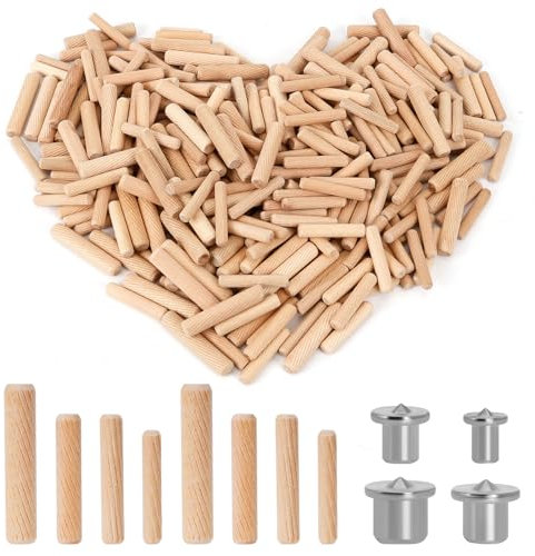 500 PCS Wooden Dowels Assorted, 5mm 6mm 8mm 10mm Wooden Dowels Pins with 4 Centring Pins, Woodwork Grooved Fluted Pin for Craft Project Furniture Carpentry