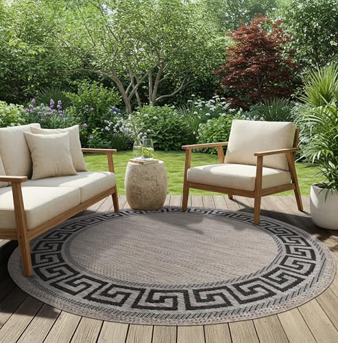 TAPISO Melissa Redondo Alfombra Exterior Interior Pelo Corto Resistente Moderna Marrón Negro Beige Alfombra de Cocina Salón Terraza Habitación Balcón Dormitorio Oeko-Tex 120 x 120 cm | Alfombra resistente a los rayos UV con aspecto de sisal para cocina, pasillo, salón, balcón, terraza, moderna, Oeko-Tex
