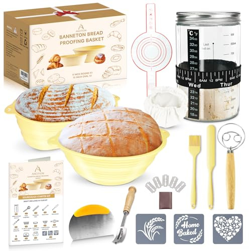 ANOTION 14 Piece Sourdough Starter Kit with Banneton Proofing Basket, Bread Making Supplies and 33OZ Jar