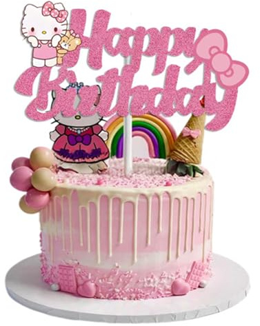 Cute Birthday Cake Decorations, Happy Birthday Cake Topper Glitter, Cartoon Theme Party Cake Decorations Supplies (Pink)