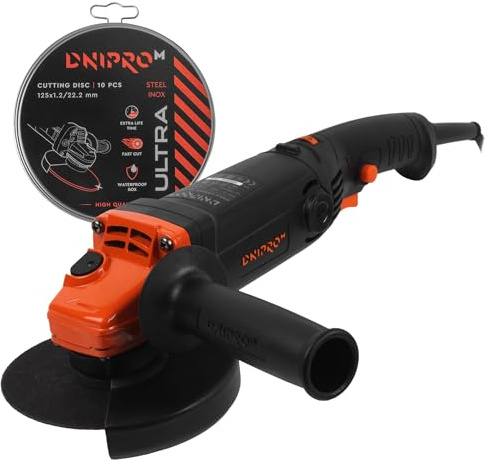 Dnipro-M Smerigliatrice Angolare 860W, Disco 125 mm, 4000–11000 RPM con Controllo Velocità, Impugnatura Lunga, M14, Cavo 3 m. Per Metallo, Ceramica e Pietra, Inclusi 10 Dischi e Protezioni-GL‑125S