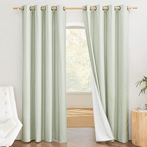 NICETOWN Sage Green Living Room Completely Shaded Linen Textured Draperies, 2 Pieces, W52 x L80, Privacy Protection & Noise Reducing Ring Top Drapes, White Lined Insulated Window Treatment Curtains