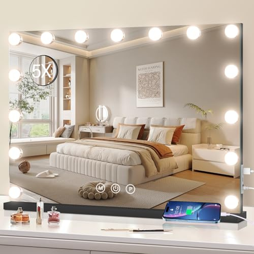 halumao Kosmetikspiegel mit Lichtern, 58 x 48 cm, großer beleuchteter Spiegel mit Smart Touch, 3 Farben, dimmbar, Tischspiegel für Make-up-Schreibtisch schwarz