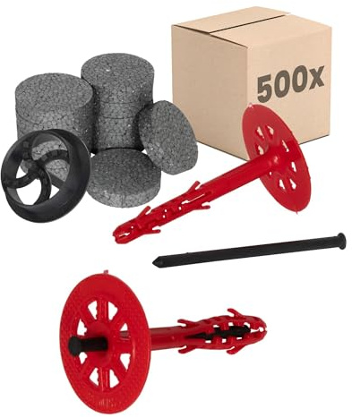 PROTEKTOR isoleringspluggar Set Ø10x160mm med plastspik (500 Stycke + 600 rondelle + 1 Fräs för isoleringsplugg) för ETICS & fasadisolering, ETA-certifierade Termopluggar
