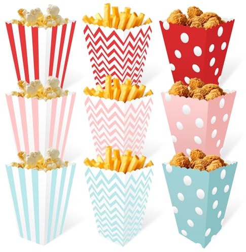 Mispudin 54 Stück Popcorn Tüten Klein, 3 Farben Popcorntüten Klein, Papier Popcornbecher, Popcorn Boxen Streifen Tupfen Wellenförmige Muster für Candy, Snacks, Party, Filmabend (Rot, Rosa, Blau)
