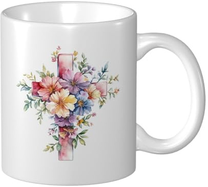 Tazas de té de porcelana con cruz de flores de 11 oz, taza de café clásica con cruz floral y cristiana, se puede beber caliente y fría durante mucho tiempo, perfecta para moca, té, cereales, café con
