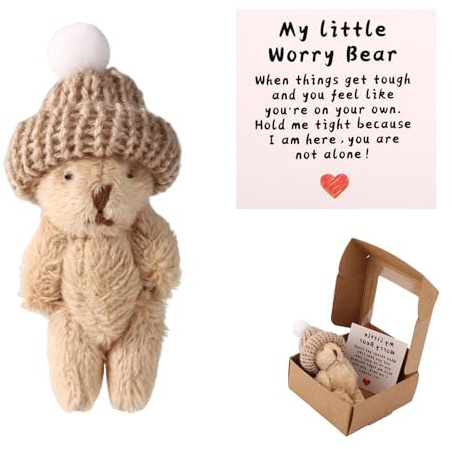 TOYMIS Mini Sorgenbär in Schachtel mit Hut, Positiver Mini Plüschbär mit Ermutigungskarte Inspirierendes Spielzeug zum Stressabbau als Geschenk für Familie Freunde und Kollegen