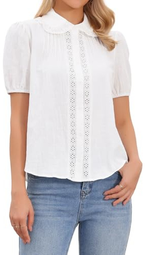 Allegra K Blusa da Donna in Cotone a Maniche Corte con Colletto alla Peter Pan Abbottonatura e Pannello all'Uncinetto Bianca XS