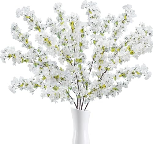 Minnhua 6PCS Fleur De Cerisier Artificielle 82cm Fleurs Artificielles Cerisier Blanc Fleur Cerisier Artificielle Sakura Bouquet de Fleur en Soie Fausse Fleur Decoration Artificielle Blanche