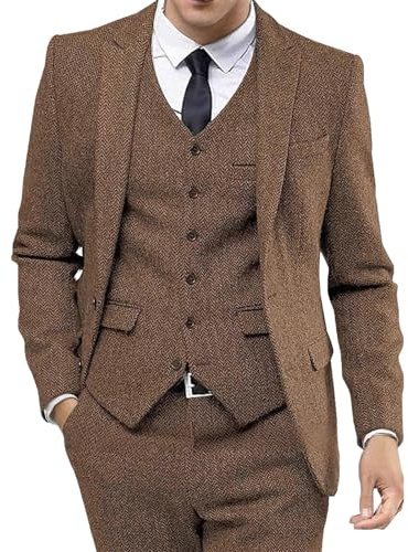 Costume de Mariage/Bal de Promo en Tweed à Chevrons pour Homme, Trois pièces, Marron, Taille Moyenne.
