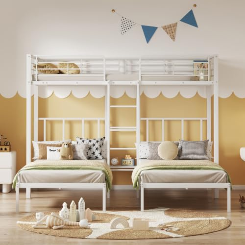Merax Dreifaches Etagenbett, Hochbett aus Metall, 90x200cm, Eisenbett mit Leiter und Fallschutzgitter für Kinder, Jugendbett mit Tisch, weiß, EN 747 Zertifiziert