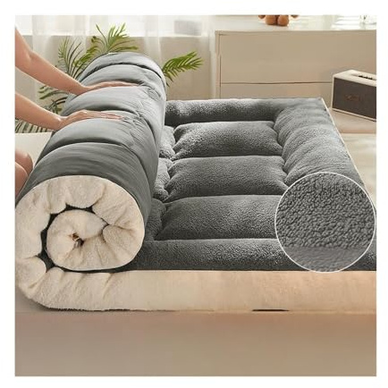Colchón de futón japonés prémium de 3.9 pulgadas de grosor, portátil y plegable, cama doble enrollable, cuna de camping para adultos, color gris oscuro, 150 x 190 cm (59 x 75)