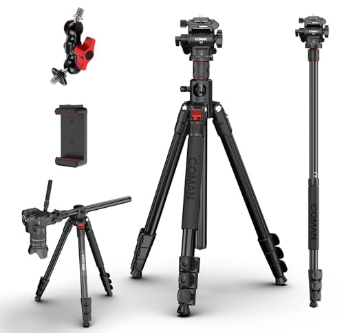 COMAN Trípode para Cámara Horizontal 181cm con Cabezal Hidráulico, Placa de Liberación Rápida y Monópode Desmontable, Adecuado para Cámaras SLR, Videocámaras Portátiles y Visores (KX3939MINI-V1)