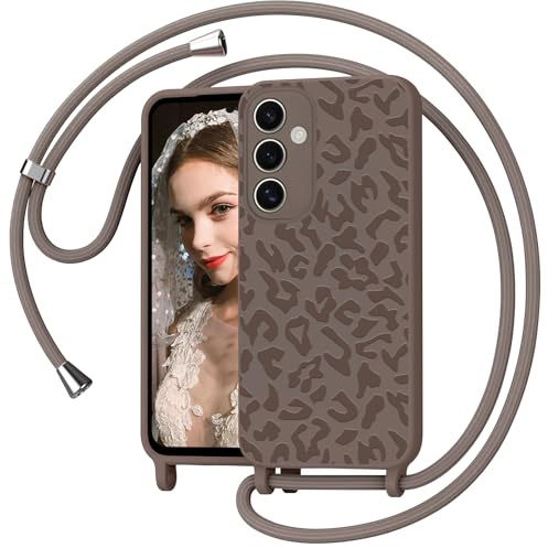 Mosoris Handyband für Samsung Galaxy A55 5G Hülle mit Band, Leopardenmuster Silikon Handyhülle mit Kette, Necklace Schutzhülle zum Umhängen Kordel, Liquid Silikon Case für Samsung A55 5G, Kahki