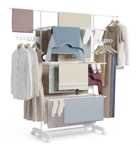 NEWLUX - Stendino verticale salvaspazio Pieghevole XXL Fold Care V60 con 18-21m di stenditura, Ruote e 5 Livelli Doppi. Stendibiancheria con Supporto per Grucce e Capi lunghi da 1,5m, Bianco