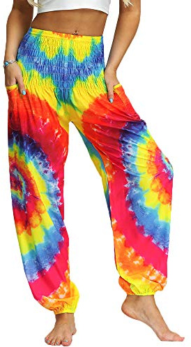 Nuofengkudu hippie haremsbyxor med fickor för kvinnor, yogabyxor, Regnbåge A, En Storlek