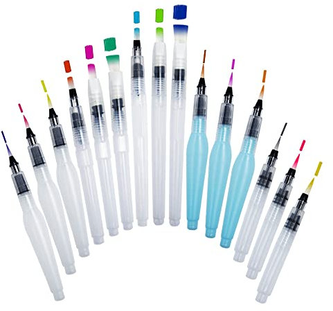 Yincen 15 Pcs Water Brushes for Watercolor Set Creativity Tap Water Brush Pen Refillable Water Brush Pen for Coloring, Calligraphy, Painting, Watercolor Creation