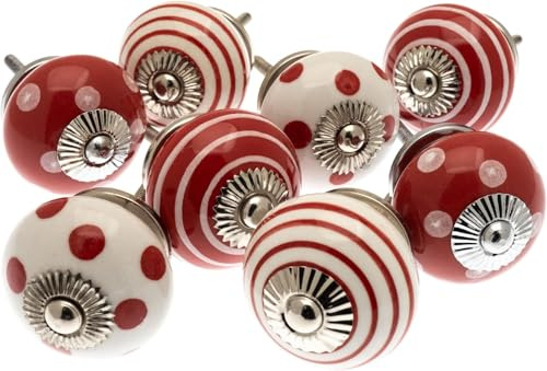 Mango Tree Schrankknäufe – Dekorative Rot und Weiß mit Punkten, Punkten und Streifen Keramik Tür- und Schubladengriffe – Vintage Home Decor Set von 8