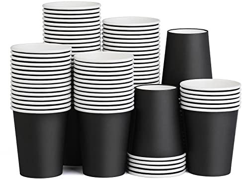 BUOKKON 100 Pack 8oz Black Paper Cups for Hot & Cold Drinks Compostable Disposable Coffee/Tea Cups for Party DIY Holiday Wedding Birthday Activities