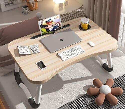 Laptop Bed Table | Lap Table Dorm Desk Notebook Stand Reading Holder | Serving Tray Dining Table with Cup Holder | Bed Tray Laptop Desk for Eating Breakfast (White Mapple With Cup Hold)